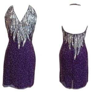 Carina Purple Silk beaded halter minidress halter top sparkle purple silver S